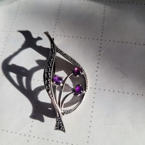Vintage sterling silver marcasite floral brooch amethyst stones
